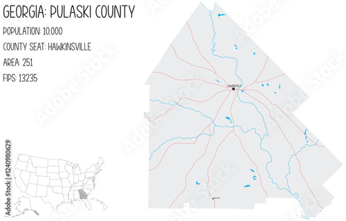Large and detailed map of Pulaski County in Georgia, USA.