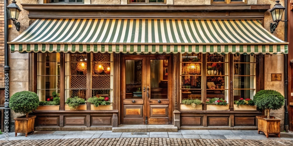Naklejka premium Classic European shop facade with a striped awning and ornate wooden details