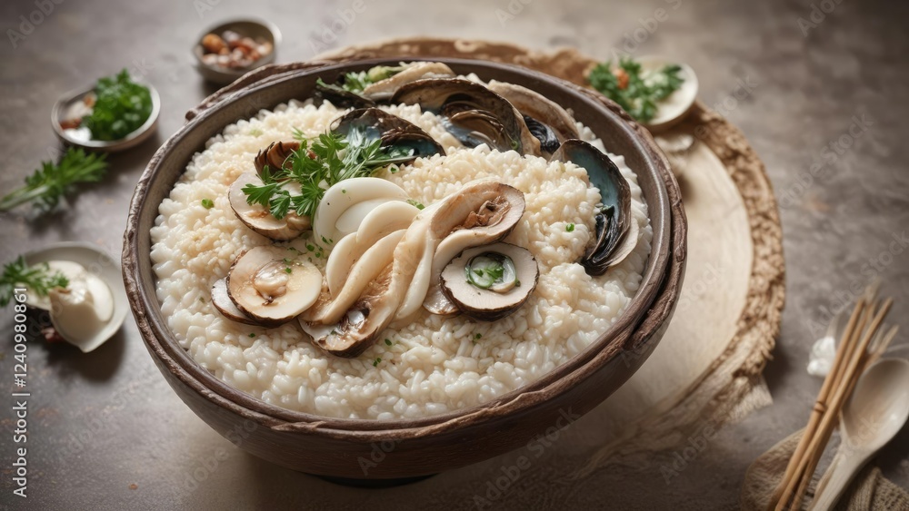 Steaming bowl of rice porridge with tender abalone , seaweed and spices, warm and cozy, beachy cuisine Steaming bowl of rice porridge with tender abalone , seaweed and spices, warm and cozy, beachy cuisine