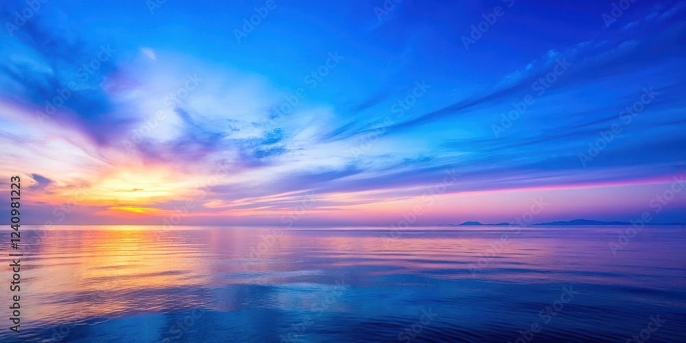 Obraz premium Soft blue and purple hues blend seamlessly in the horizon as the sun sets behind a gentle mist , evening sky, blue hour photography