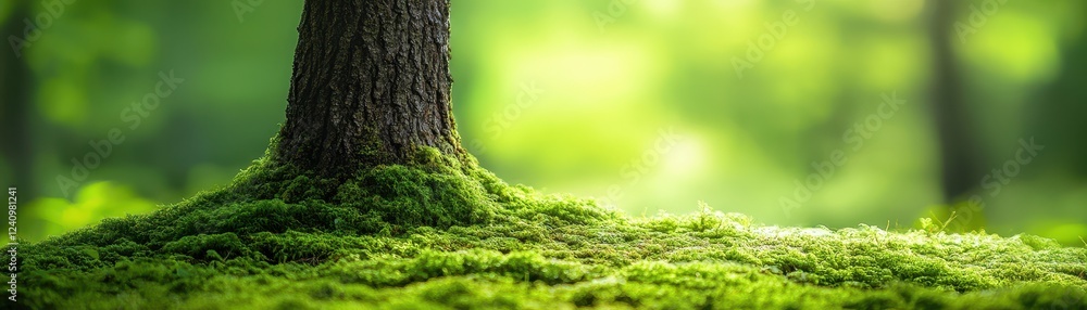 Lush Green Moss Covering Tree Trunk in Serene Forest with Soft Sunlight and Blurred Background Lush Green Moss Covering Tree Trunk in Serene Forest with Soft Sunlight and Blurred Background