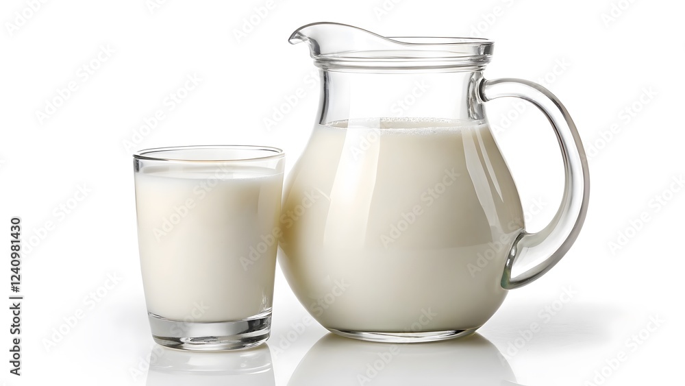 Clear Glass Pitcher & Filled Glass of Milk on White Background V8 Clear Glass Pitcher & Filled Glass of Milk on White Background V8