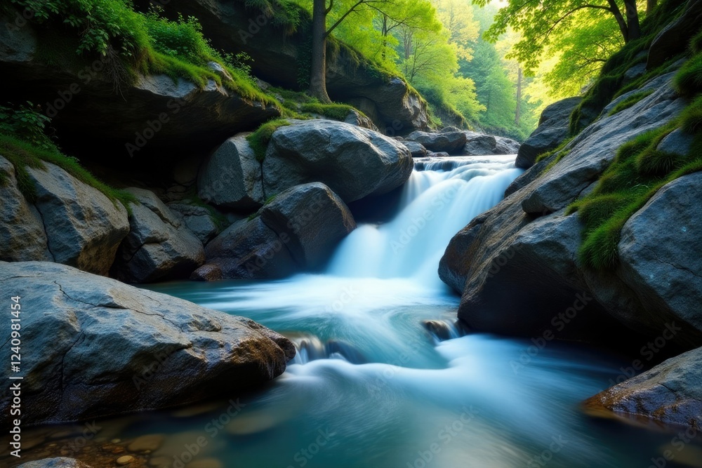 Fototapeta premium Waterfall cascading into a stream in a rocky gorge, waterfall, rocky, flow