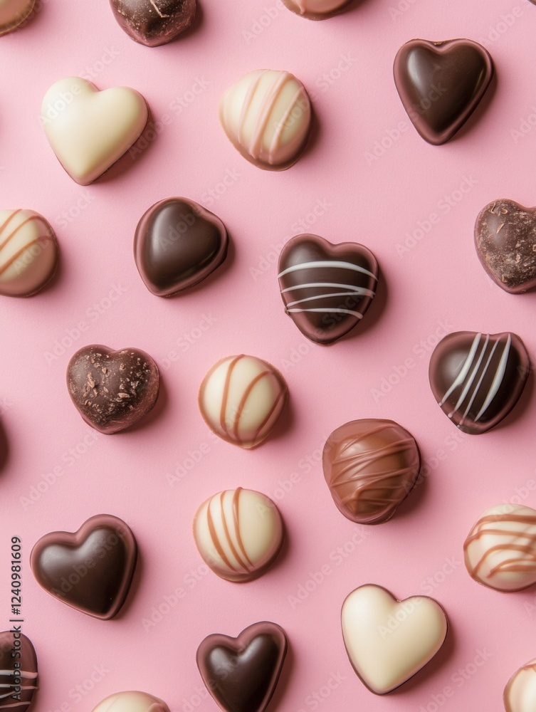 Fototapeta premium A Symphony of Hearts: A Delightful Collection of Exquisite Chocolate Hearts, Beautifully Displayed on a Pastel Pink Surface, Creating a Scene of Pure Romance and Sweet Indulgence