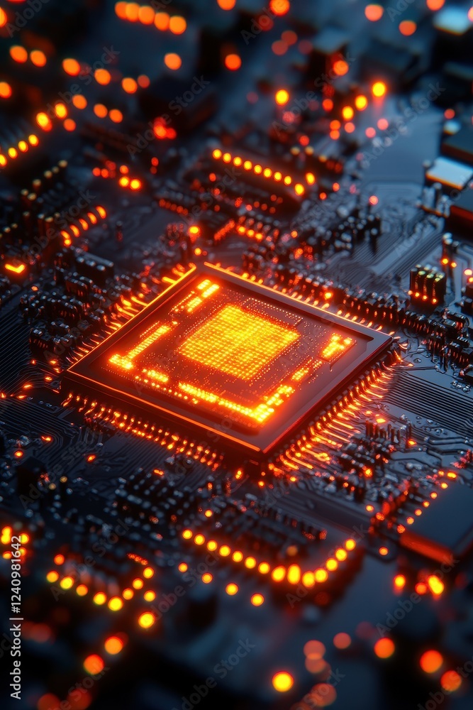 Close-Up of Glowing Microchip on Circuit Board with Orange Lights and Futuristic Technology Design Close-Up of Glowing Microchip on Circuit Board with Orange Lights and Futuristic Technology Design