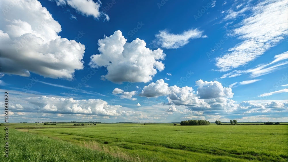Fototapeta premium stunning panoramic view of a vast open field with fluffy white clouds against a brilliant blue sky, outdoor, field, blue sky, panoramic view, natural scenery