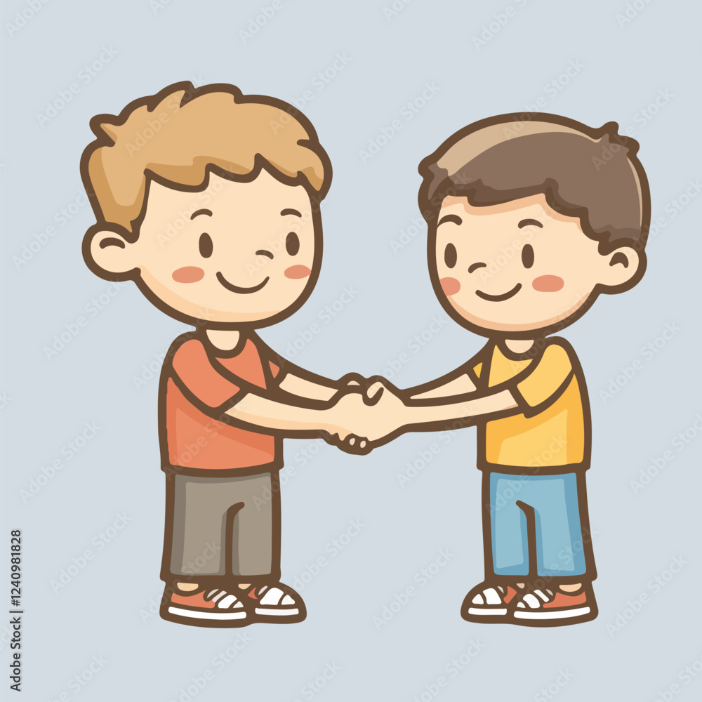 Cute Little Kid Doing Handshake with Friend Cartoon Vector Illustration Cute Little Kid Doing Handshake with Friend Cartoon Vector Illustration