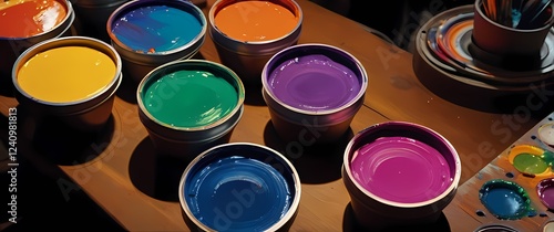 Whimsical closeup of an array of vibrant paint pots scattered across an artists table each promising creativity and bursts of color photo