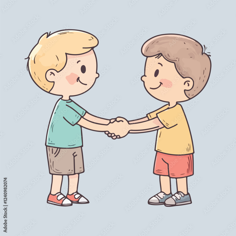 Cute Little Kid Doing Handshake with Friend Cartoon Vector Illustration Cute Little Kid Doing Handshake with Friend Cartoon Vector Illustration