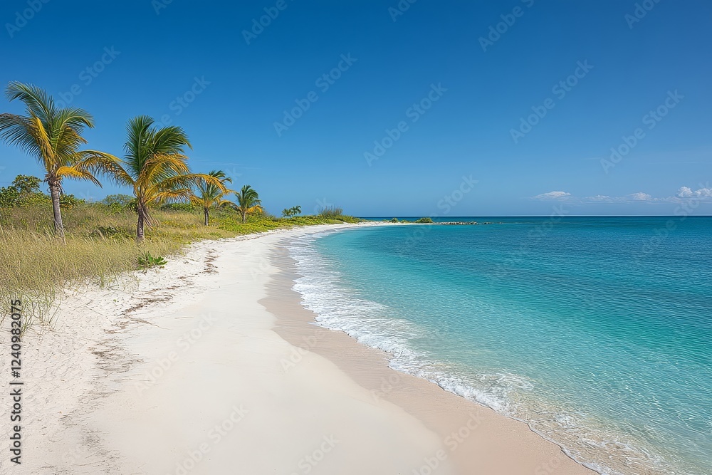 Tropical Beach with White Sand, Turquoise Water, and Palm Trees Under Clear Blue Sky, Ideal for Summer Vacation or Product Display. Tropical Beach with White Sand, Turquoise Water, and Palm Trees Under Clear Blue Sky, Ideal for Summer Vacation or Product Display.