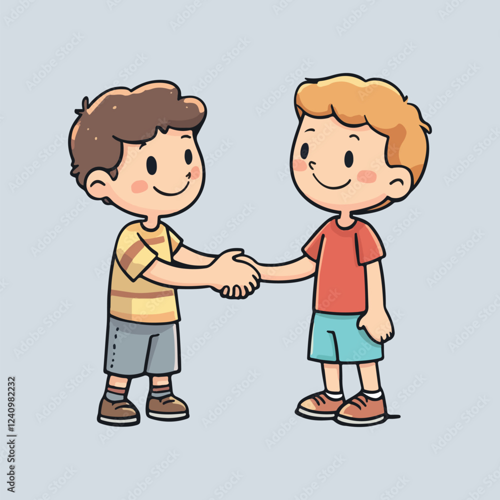 Cute Little Kid Doing Handshake with Friend Cartoon Vector Illustration Cute Little Kid Doing Handshake with Friend Cartoon Vector Illustration