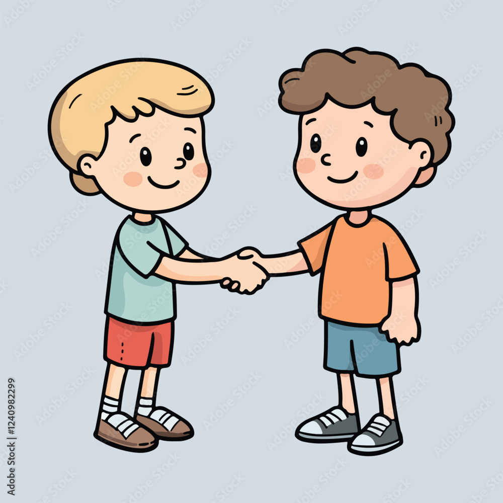 Cute Little Kid Doing Handshake with Friend Cartoon Vector Illustration Cute Little Kid Doing Handshake with Friend Cartoon Vector Illustration