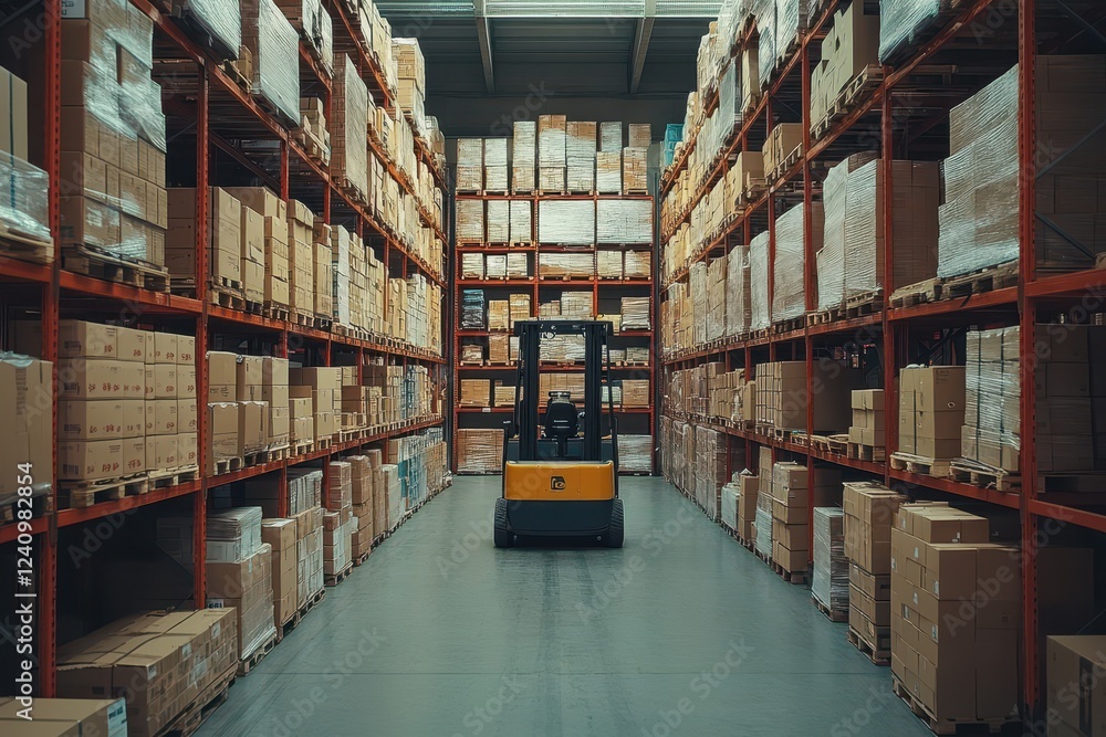 Obraz premium Modern Warehouse Interior with Forklift and Stacked Boxes on Shelves in Industrial Storage Facility