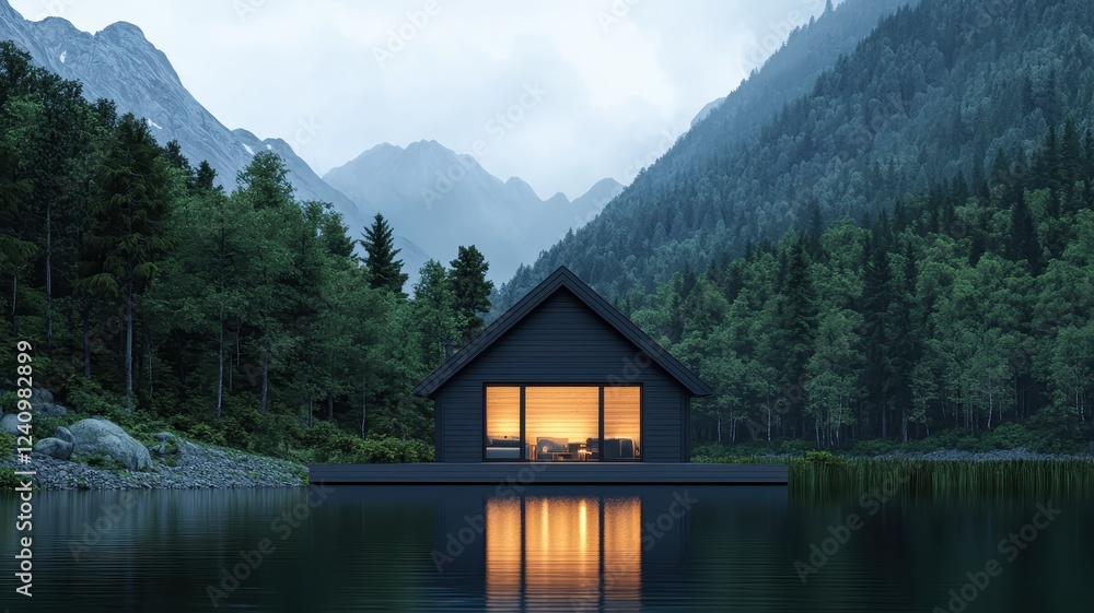 Fototapeta premium Modern Black Cabin on Lake at Dusk Mountain Scenery Cozy Interior