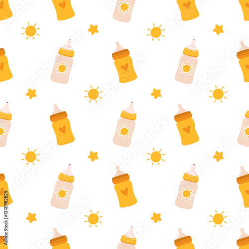 Seamless baby pattern for boys and girls with baby bottles. Charming print for infants in a playful style. Ideal for wrapping paper, textiles, nursery decor, baby shower designs. Vector illustration