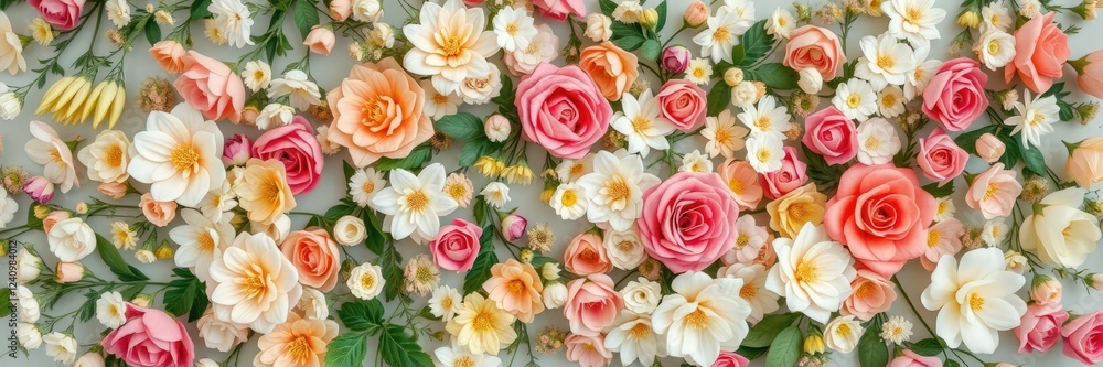 Wall of intricately arranged artificial flowers with a vintage flair, peonies, garden decor Wall of intricately arranged artificial flowers with a vintage flair, peonies, garden decor