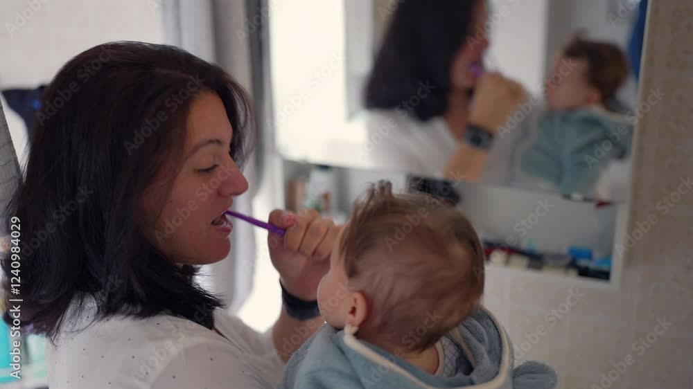 Mother brushing teeth while holding baby, baby watching in bathroom mirror, morning care routine, family bonding, daily hygiene, motherhood moments, parent-child interaction Mother brushing teeth while holding baby, baby watching in bathroom mirror, morning care routine, family bonding, daily hygiene, motherhood moments, parent-child interaction