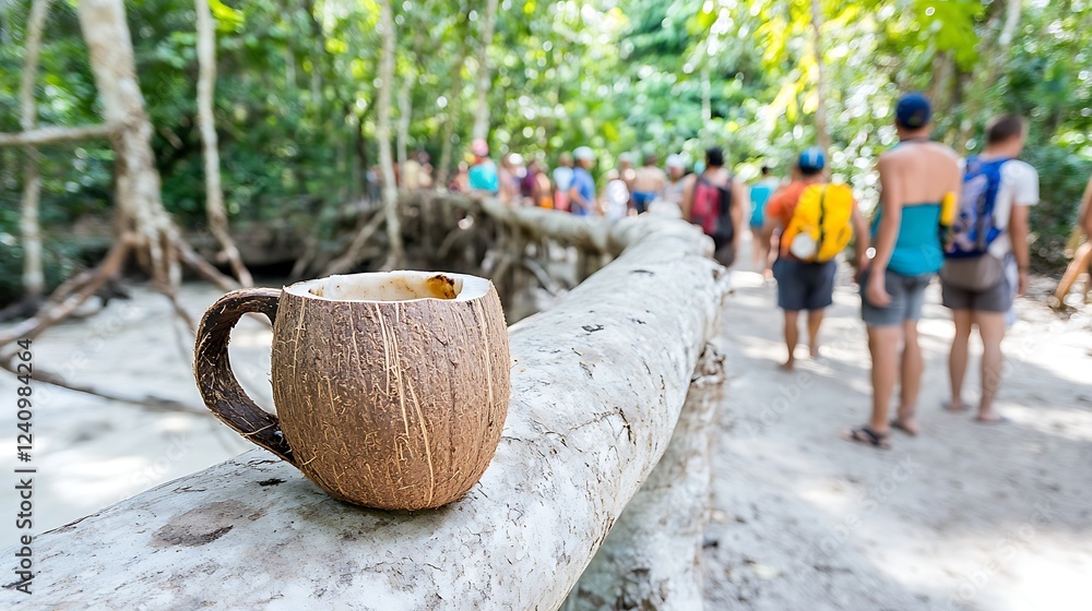 Coconut Shell Mug on Tropical Log with Blurred Hikers in Mangrove Forest Coconut Shell Mug on Tropical Log with Blurred Hikers in Mangrove Forest