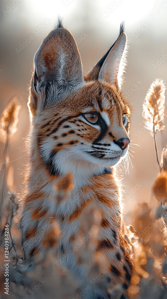 Obraz premium HD Phone Wallpaper Majestic Serval Cat in Golden Hour Light Wild African Savannah Habitat