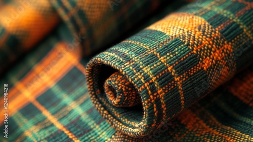 Rolled Green And Orange Plaid Fabric Texture