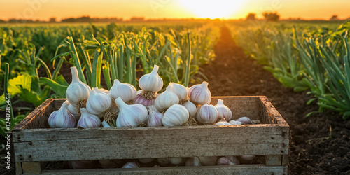 Freshly harvested garlic in a countryside field