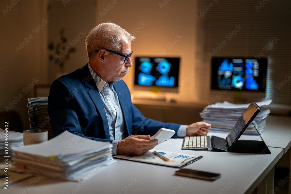 A man in a suit is sitting at a desk with a laptop and a cell phone A man in a suit is sitting at a desk with a laptop and a cell phone