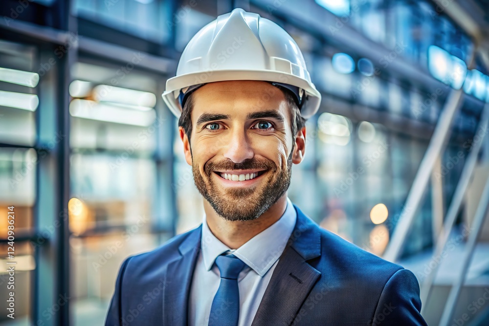 Electrical engineer, confident smile, architectural setting. Electrical engineer, confident smile, architectural setting.