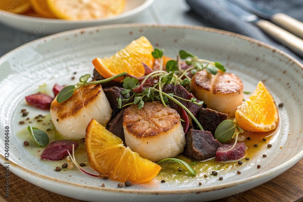 Dry-aged beef peel, citrus, and scallops; modern shot. Dry-aged beef peel, citrus, and scallops; modern shot.