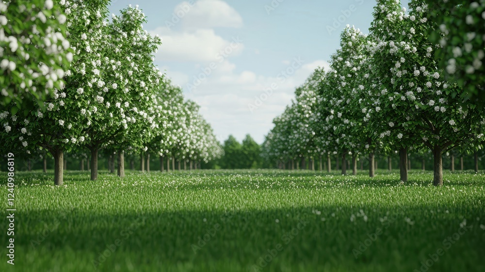 Serene Spring Orchard Rows of Blossoming White Trees in Lush Green Grass Serene Spring Orchard Rows of Blossoming White Trees in Lush Green Grass