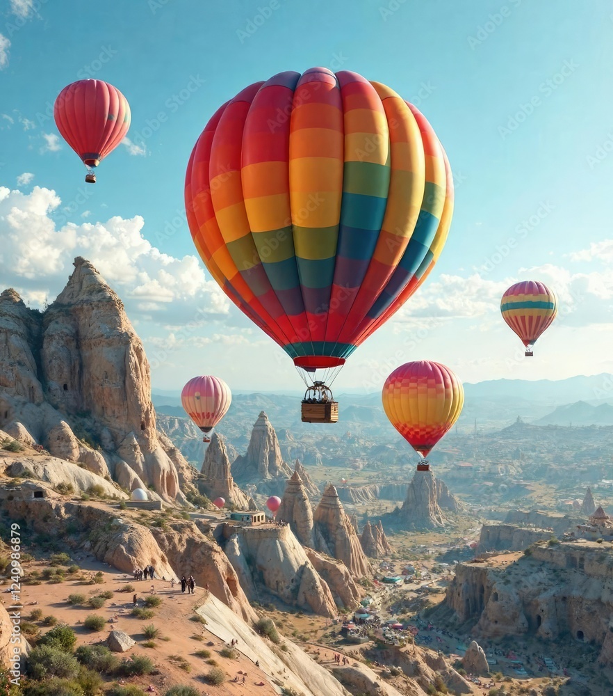 Obraz premium Vibrant rainbow-colored balloons floating in mid-air amidst the rocky landscape of Nevsehir Cappadocia , geological formations, surreal beauty, winter scenery