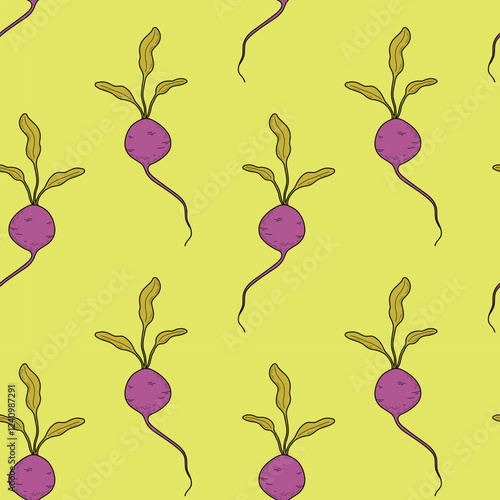Pattern with beets on a yellow background. Vegetable vector seamless pattern with beet, radish, radish, root vegetable