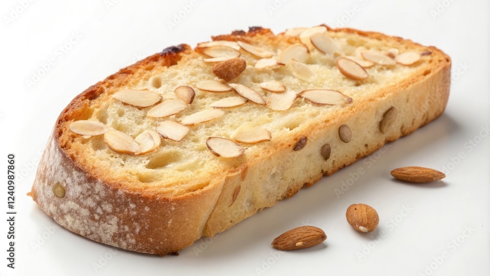 Toasted almond-studded ciabatta bread with a crispy crust and a soft interior, food styling, toasted almonds, morning snack, rustic texture Toasted almond-studded ciabatta bread with a crispy crust and a soft interior, food styling, toasted almonds, morning snack, rustic texture