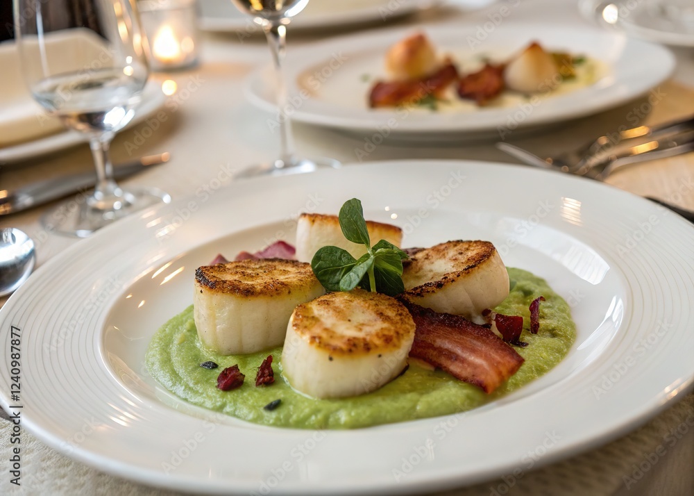 Creamy pear puree with bacon and scallops, a classic revisited. Creamy pear puree with bacon and scallops, a classic revisited.