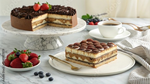 Tiramisu coffee cack on a elegant marble table with a side of fresh fruit, marble table, tiramisu, dessert, baked goods, treat photo