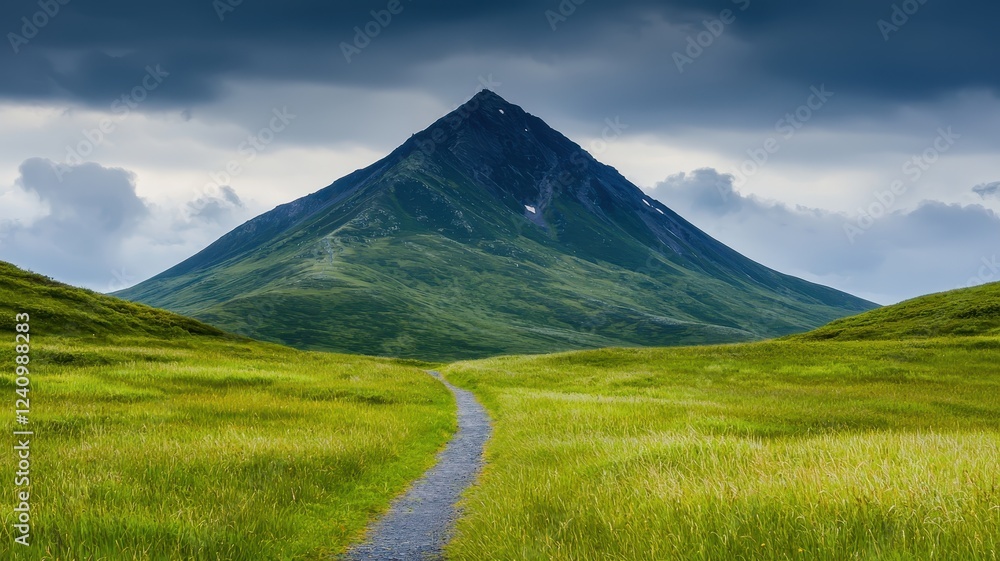 Serene Mountain Path Green Grassland Leading to Majestic Peak under Dramatic Sky Serene Mountain Path Green Grassland Leading to Majestic Peak under Dramatic Sky