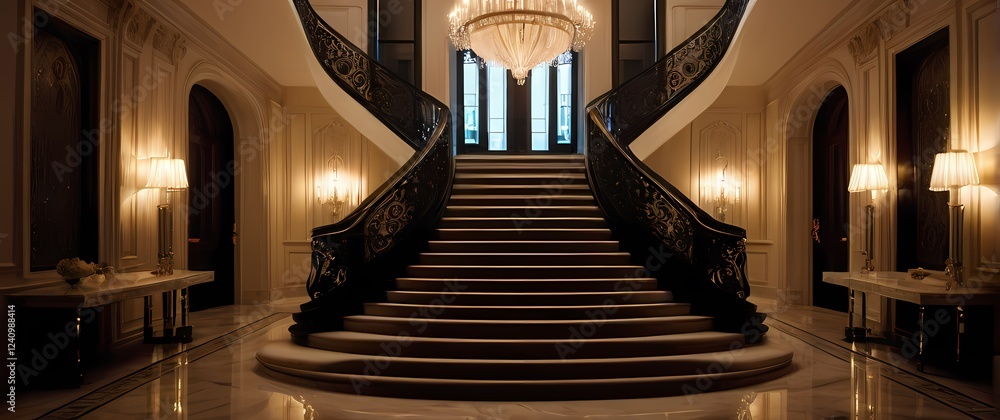 Obraz premium Symmetrical luxurious staircase in an opulent villa adorned with lavish detail and soft lighting a statement of elegance and grandeur