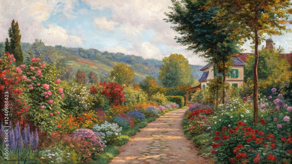 Naklejka premium Colorful landscape, a joyful garden, captured in AI art.