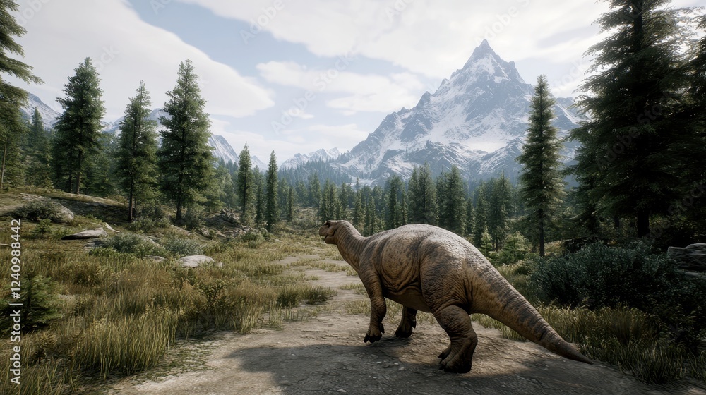 Fototapeta premium A dinosaur wandering through a tranquil valley.