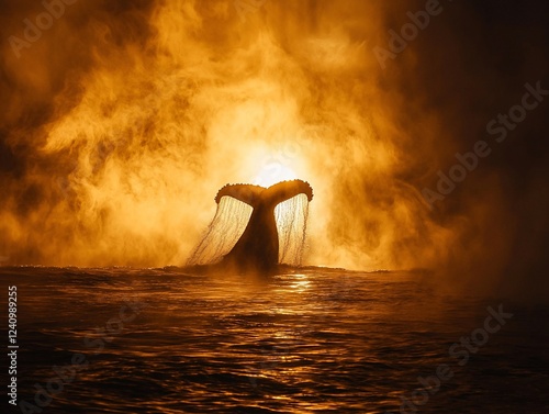 Whale tail sunset ocean dramatic fiery sky
