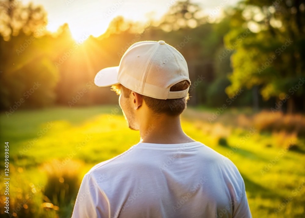 Back View White Baseball Cap - Man Walking Outdoors Summer Sun Back View White Baseball Cap - Man Walking Outdoors Summer Sun