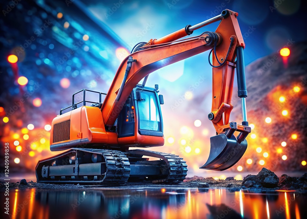 Bokeh-blurred excavator, digital terrain, lit by orange, blue, red. Bokeh-blurred excavator, digital terrain, lit by orange, blue, red.