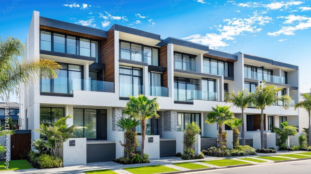 Stylish townhouse facade with large glass windows and modern architecture, set in an exclusive real estate development Stylish townhouse facade with large glass windows and modern architecture, set in an exclusive real estate development