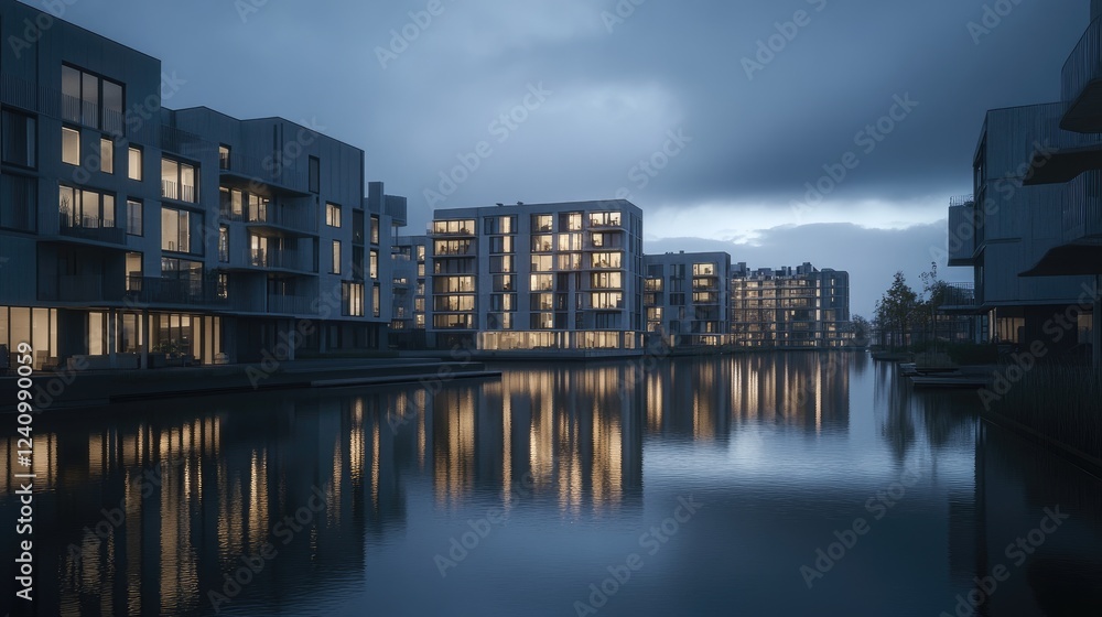 Fototapeta premium Twilight view of a modern cityscape with sleek apartment buildings reflecting on calm water, showcasing urban serenity