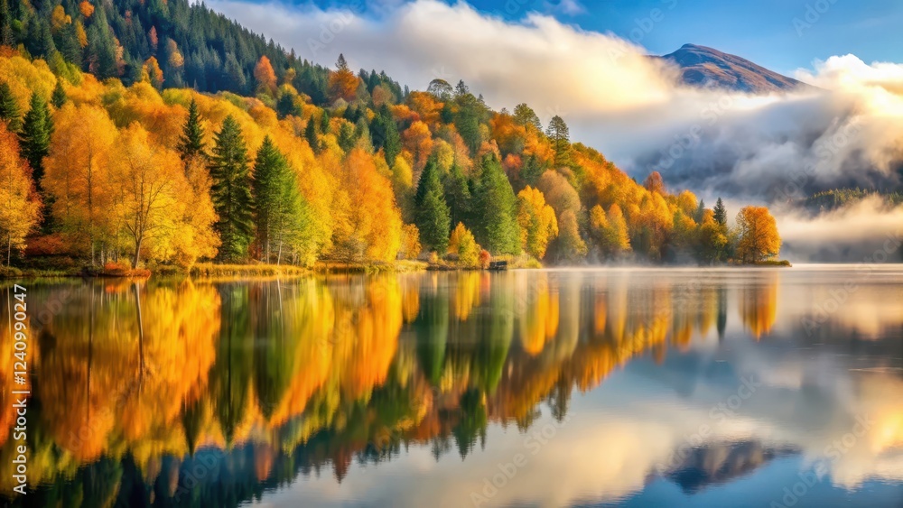 Fototapeta premium Serene Scandinavian lake surrounded by vibrant autumn foliage and misty mountains reflected perfectly in its calm waters, golden light, scenic lake