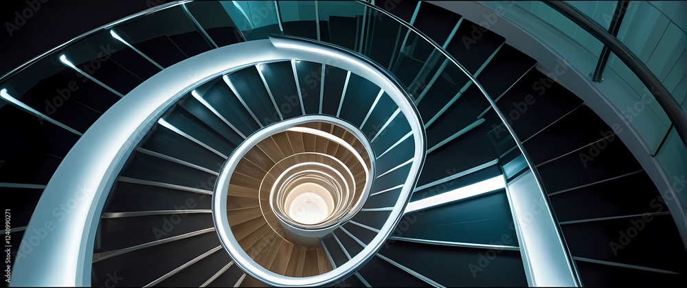 Fototapeta premium Stunning closeup of a modern spiral staircase featuring sleek lines and glass elements inviting elegance and sophistication into the space