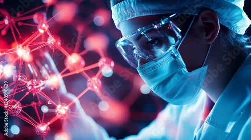 A scientist in protective gear interacts with a digital molecular structure, highlighting innovation and advanced research in a high-tech lab environment.