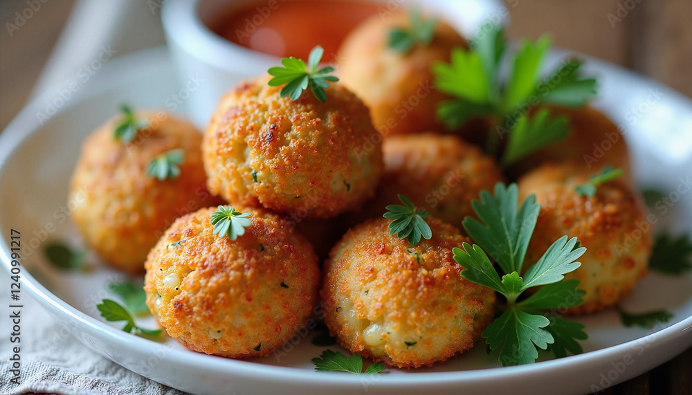 A plate of golden sardine balls, crispy on the outside and tender inside, garnished with fresh parsley and served with dipping sauce. A plate of golden sardine balls, crispy on the outside and tender inside, garnished with fresh parsley and served with dipping sauce.
