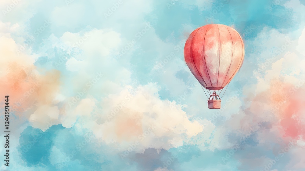 Fototapeta premium A Red Hot Air Balloon Soaring Through Pastel Skies