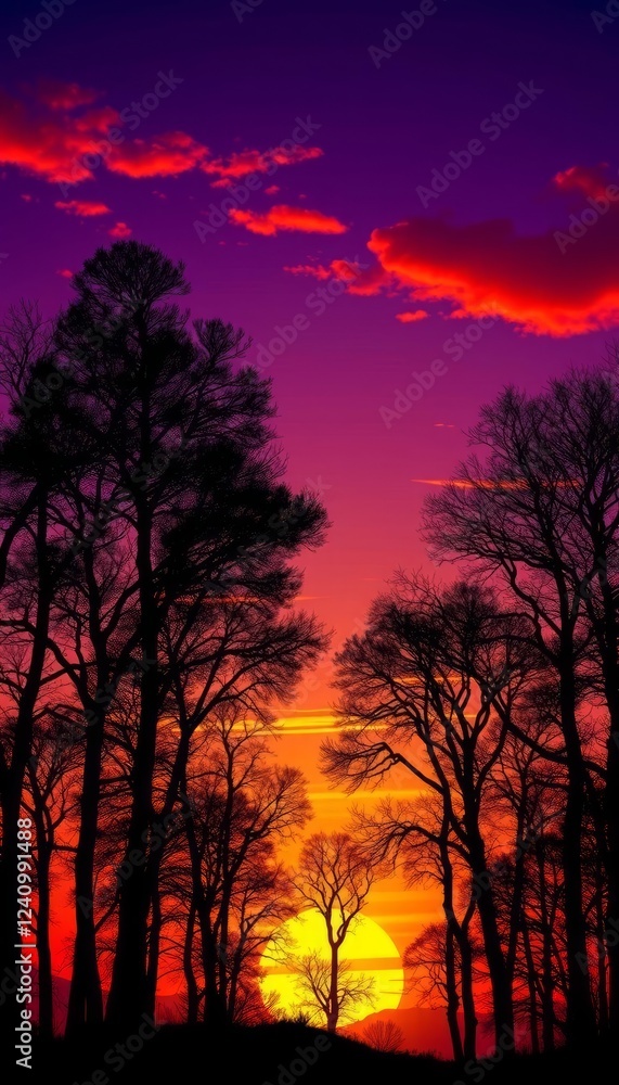 Dramatic red sunset with silhouetted trees in the foreground. Vibrant, fiery sky. Ideal for nature, landscape, and background themes. Dramatic red sunset with silhouetted trees in the foreground. Vibrant, fiery sky. Ideal for nature, landscape, and background themes.