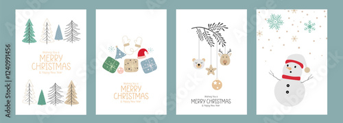 Merry Christmas and Happy New Year elegant card set with Christmas trees, snowman, gift, reindeer and other ornaments.